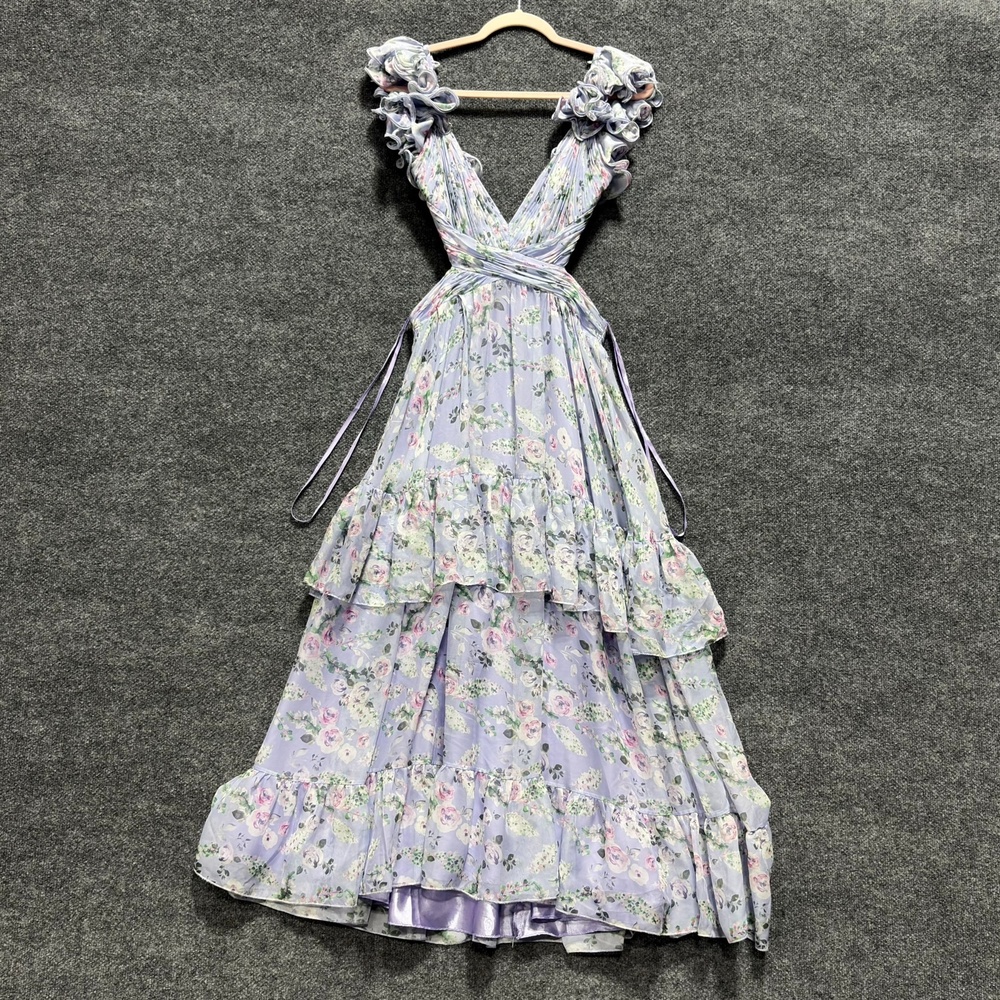 Mac Duggal Dress Womens 4 Purple Floral Ruffle Tiered V Neck Maxi Gown Formal